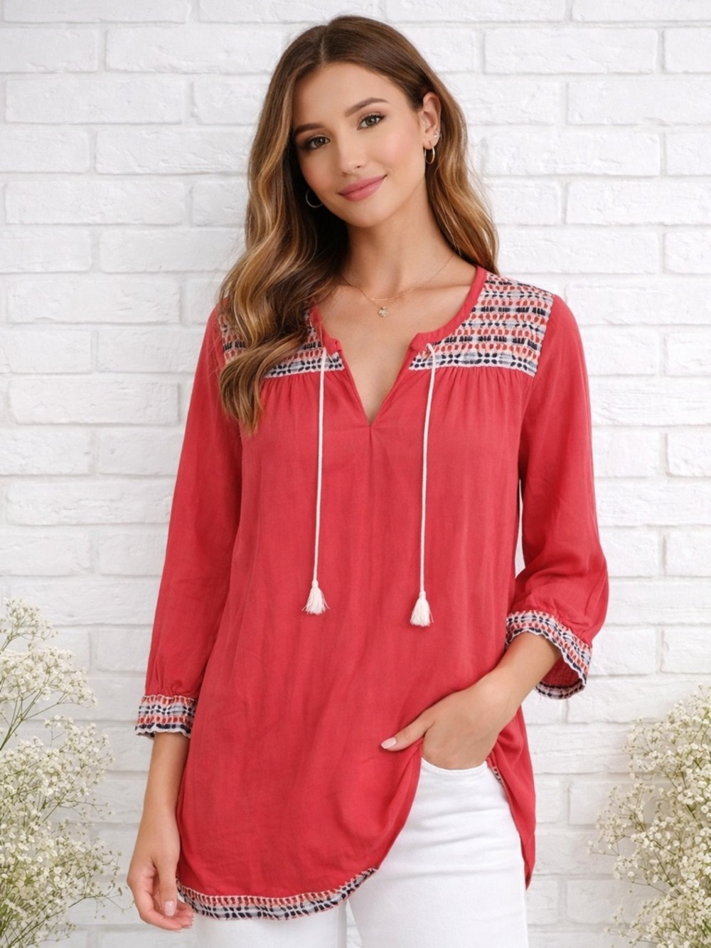 J. McLaughlin Paget Embroidered Tunic Top in Coral Size S
